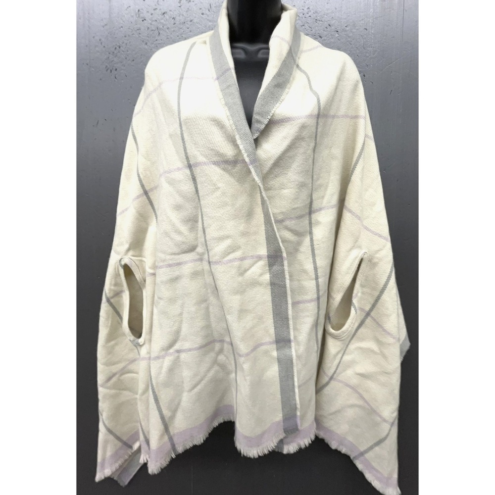 J Crew Cape Scarf Shawl Wrap Ivory Cream Plaid Open Arm Holes Lagenlook Cozy